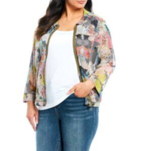 John Mark Plus Size Floral Zip Up Lightweight Mesh Jacket 2X